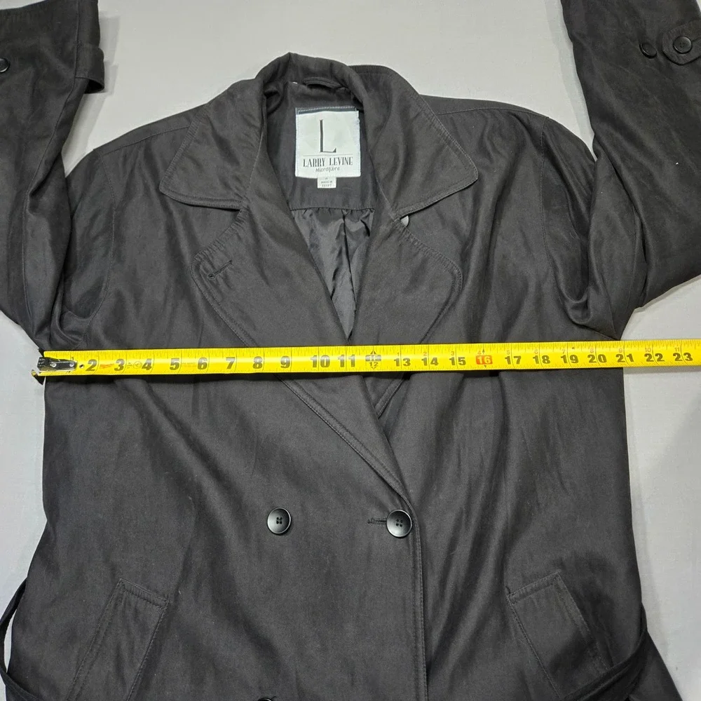 Vintage Larry‎ Levine Trench Coat Medium Black Double Breasted Belted Microfibre